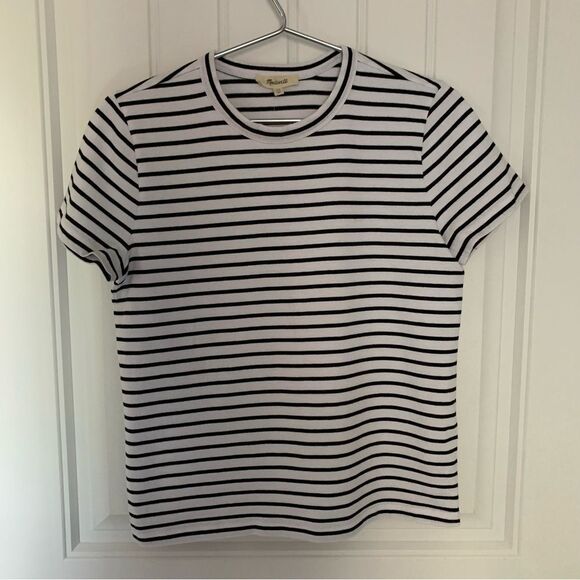 Madewell Top XS Cotton Perfect Crewneck Tee Jet Black White Stripe Indie Grunge - Picture 7 of 12